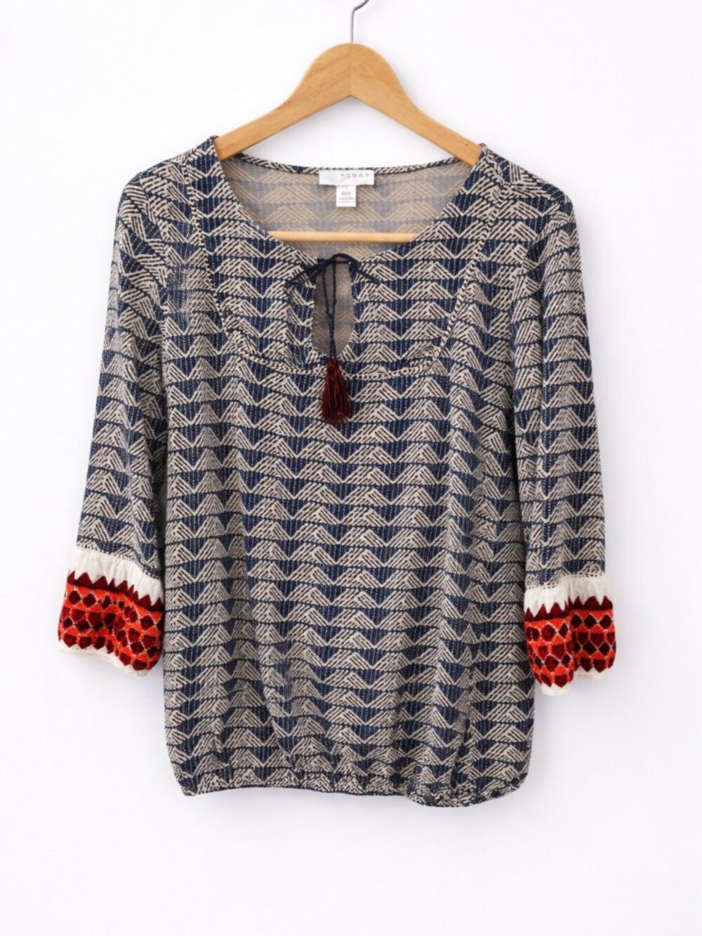 Kenar Boho Print Blouse Medium Chevron Tassel Tie 3/4 Sleeve Viscose